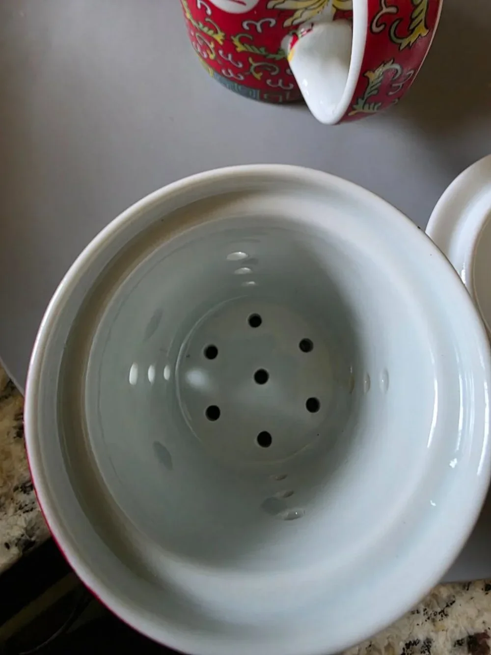 Chinese Porcelain Tea Infuser Mug w/ Lid Red Floral Asian Tea Brewing Cup